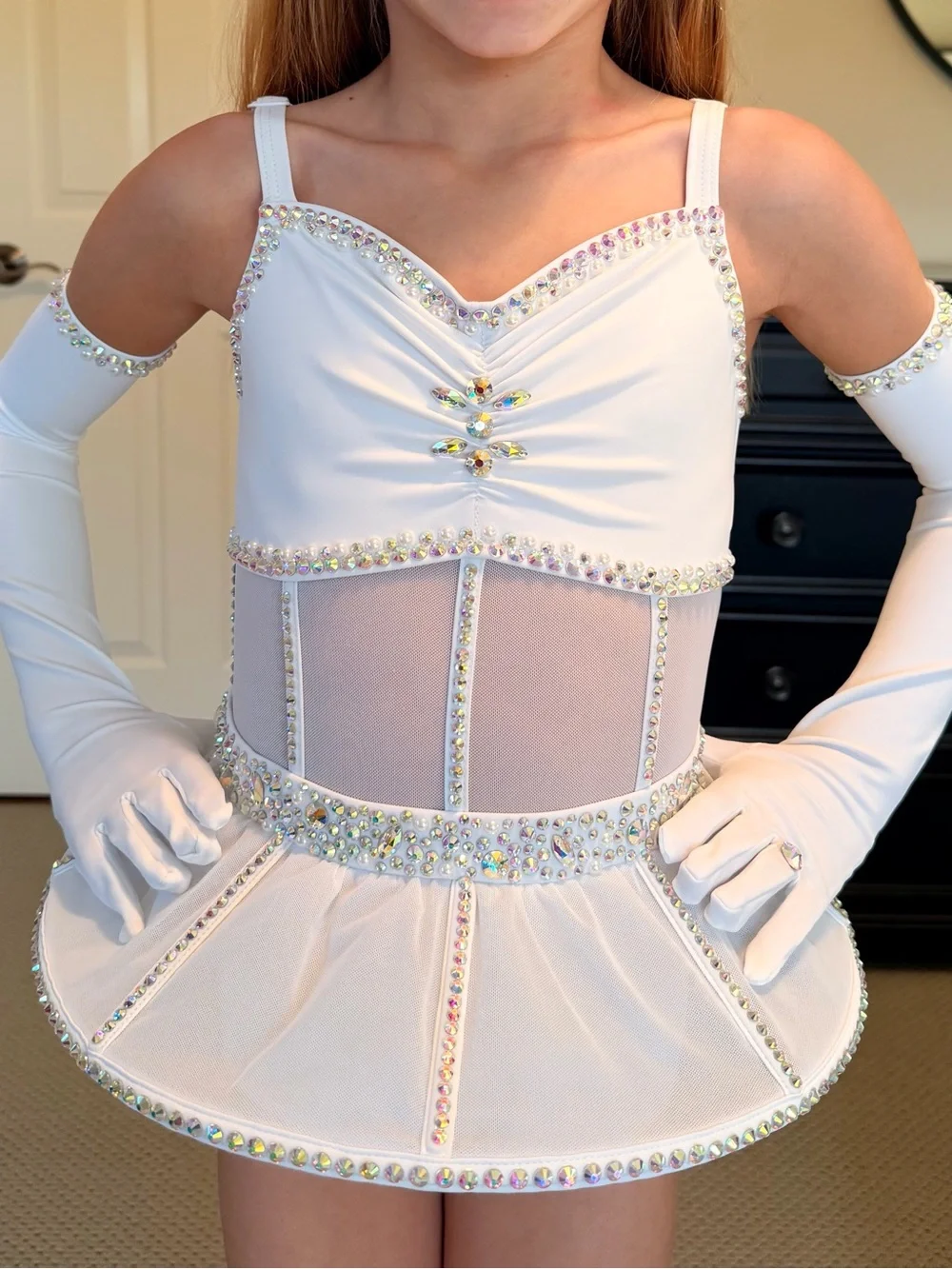 Gorgeous white dance costume with custom stoning!! Great for a bride theme!